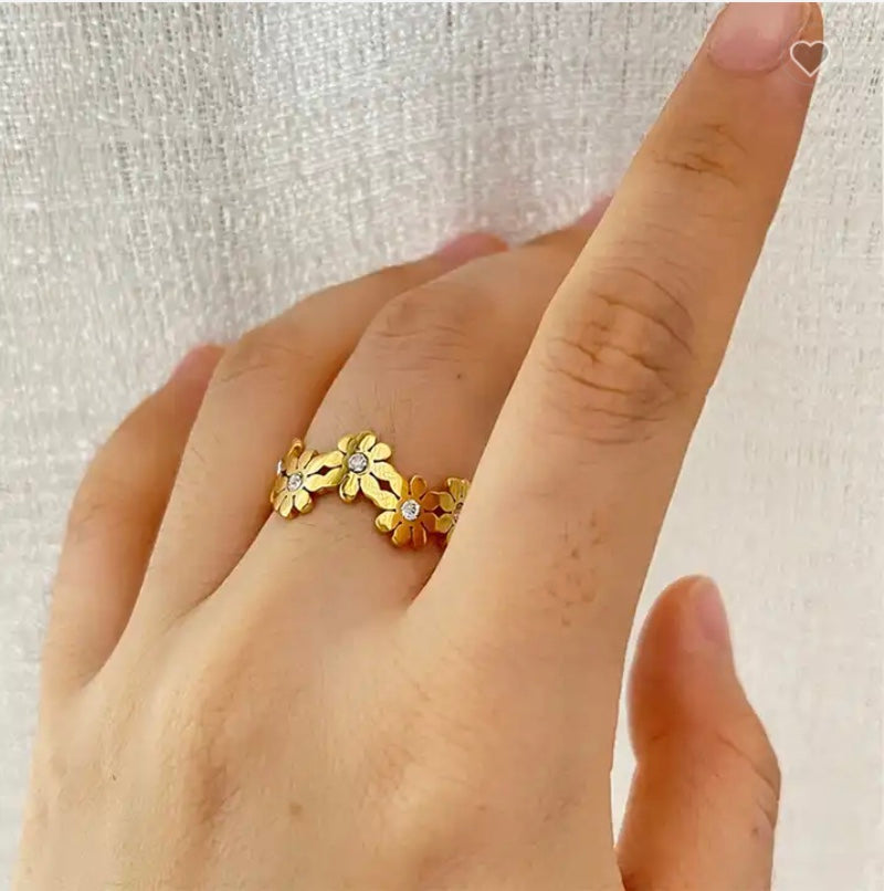 Ring i stål med klare sten.