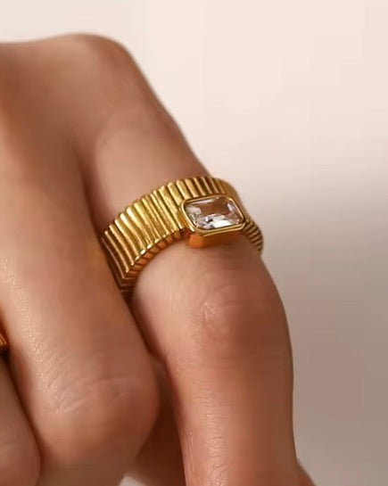 Vandfast, 18 k forgyldt ring i stål med klar zirkon