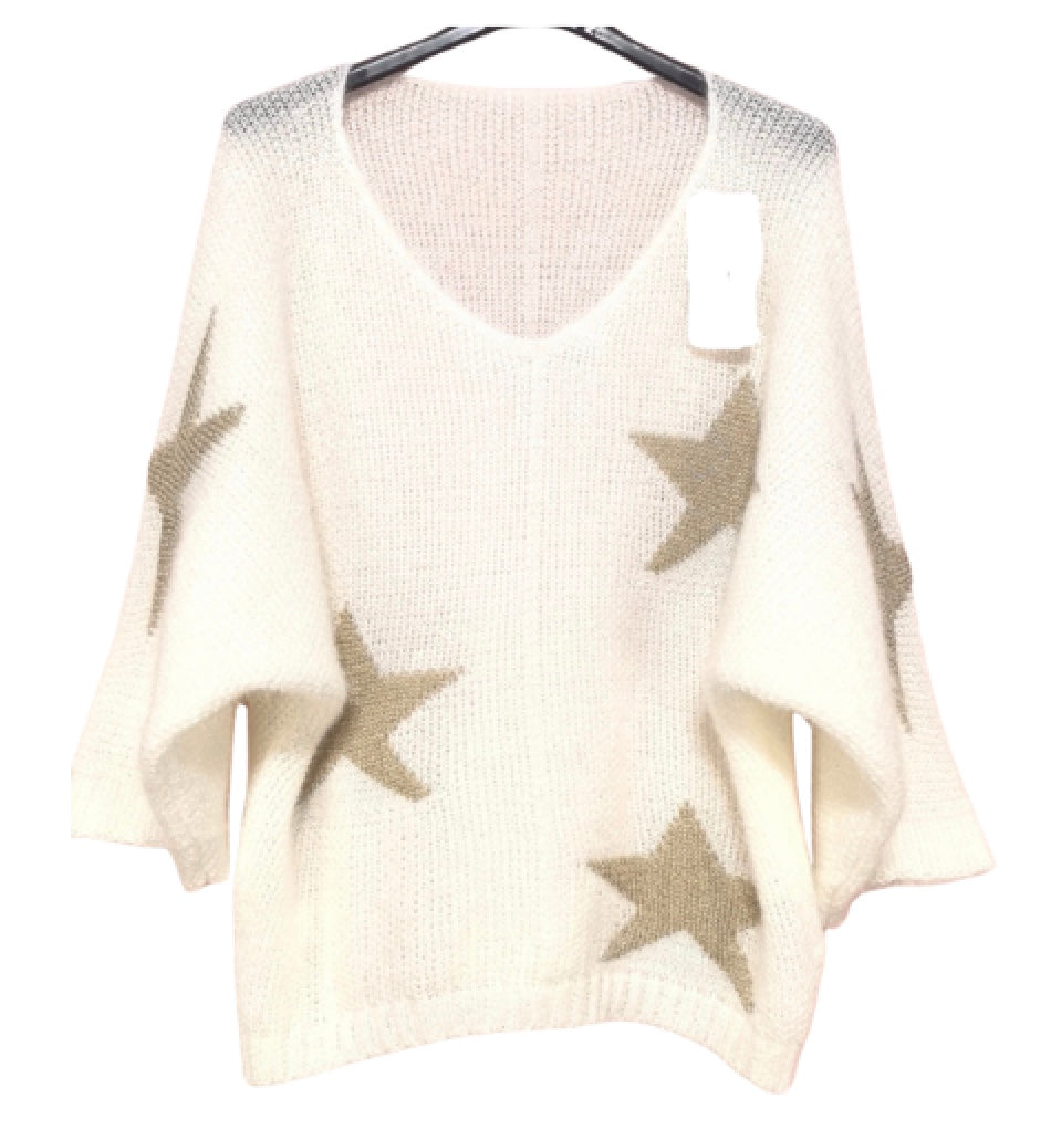 Strikket onesize sweater med stjerne i lurex