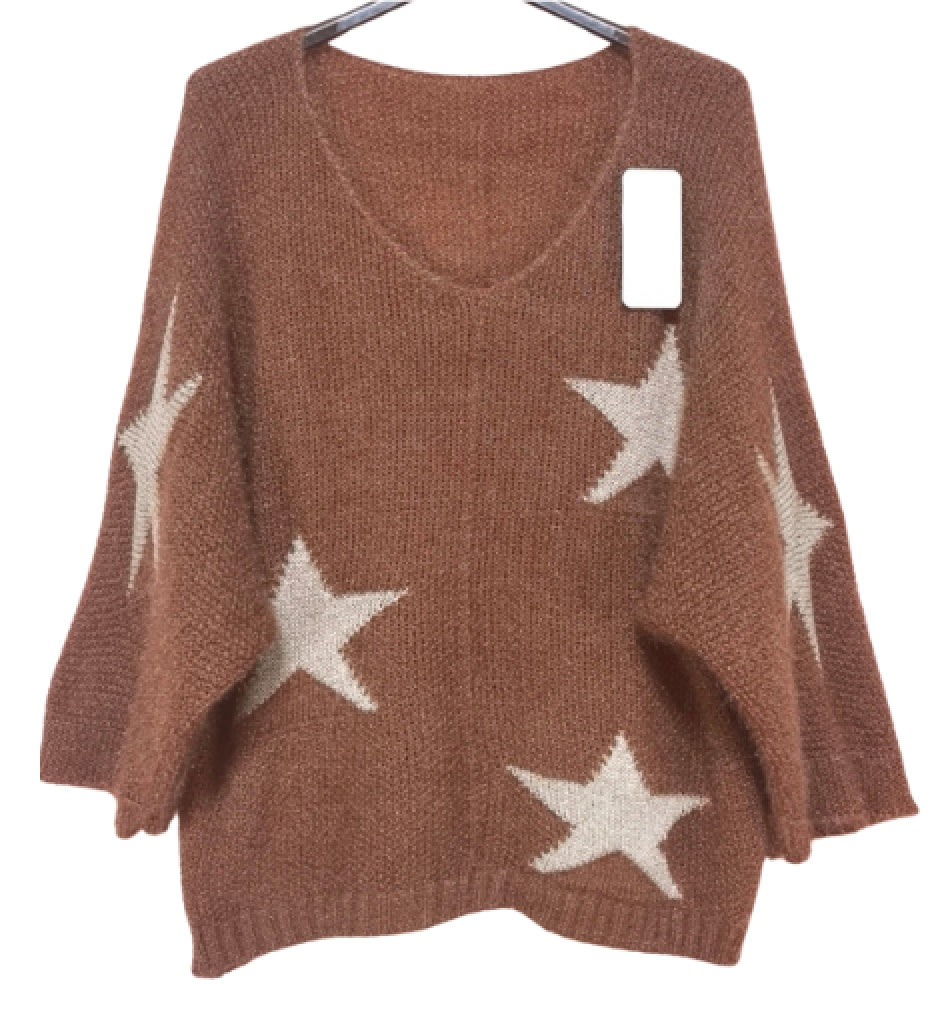 Strikket onesize sweater med stjerne i lurex