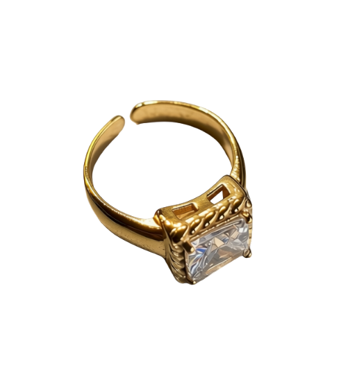 Åben, vandfast ring i stål med stor zirkon