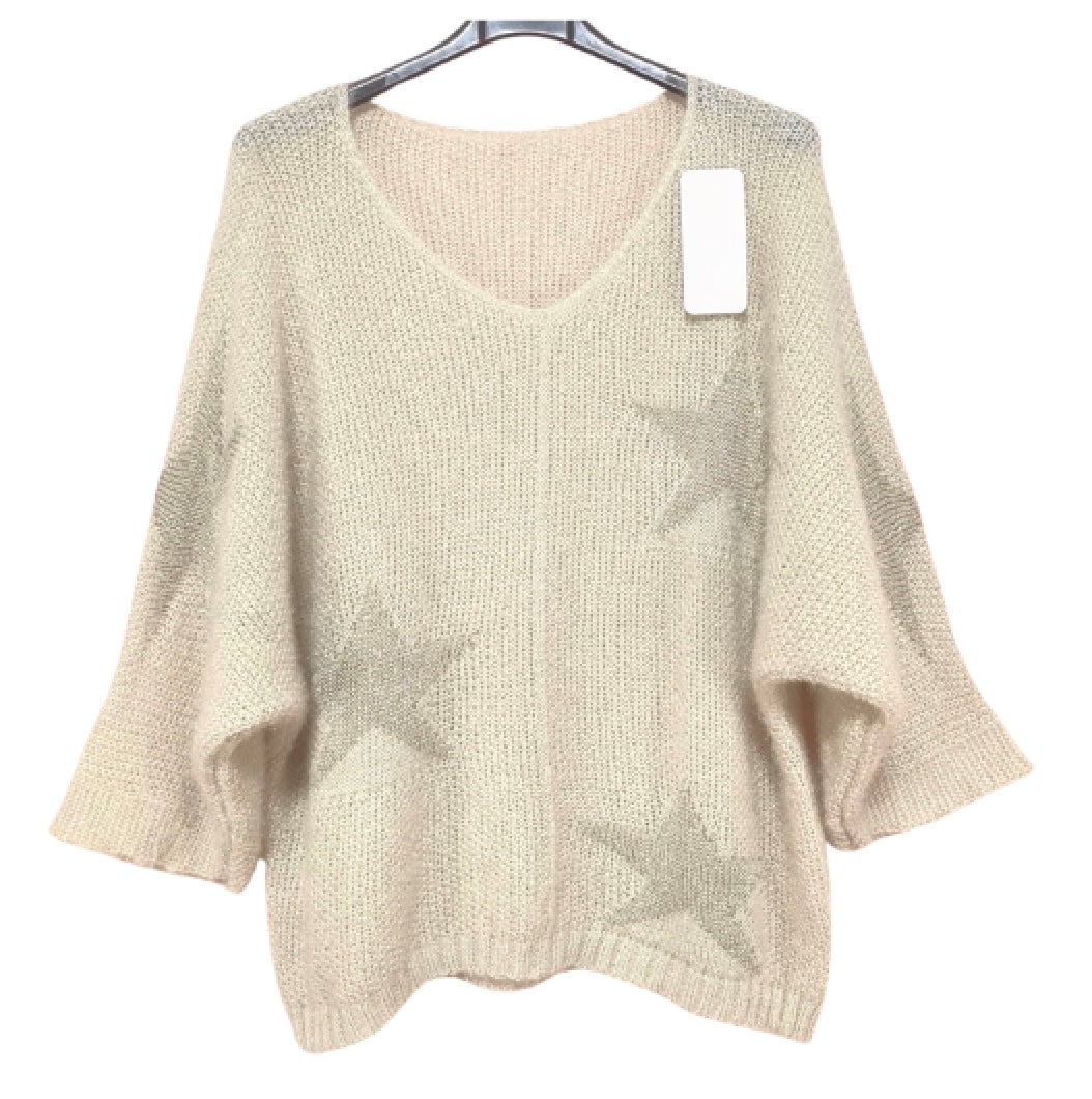 Strikket onesize sweater med stjerne i lurex