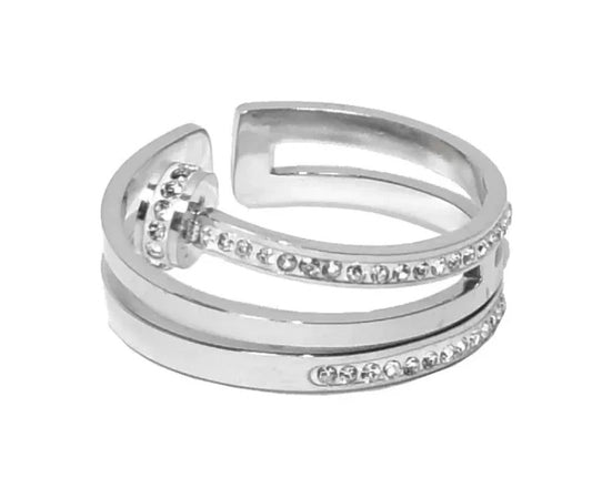 Åben ring i stål med sten